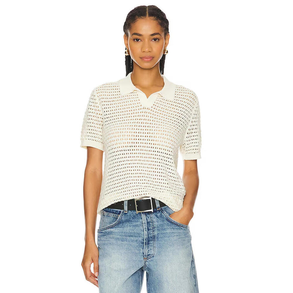 NWT WAO Cream Ivory Cotton Open Knit Short Sleeve Polo Top Size XL $138 msrp